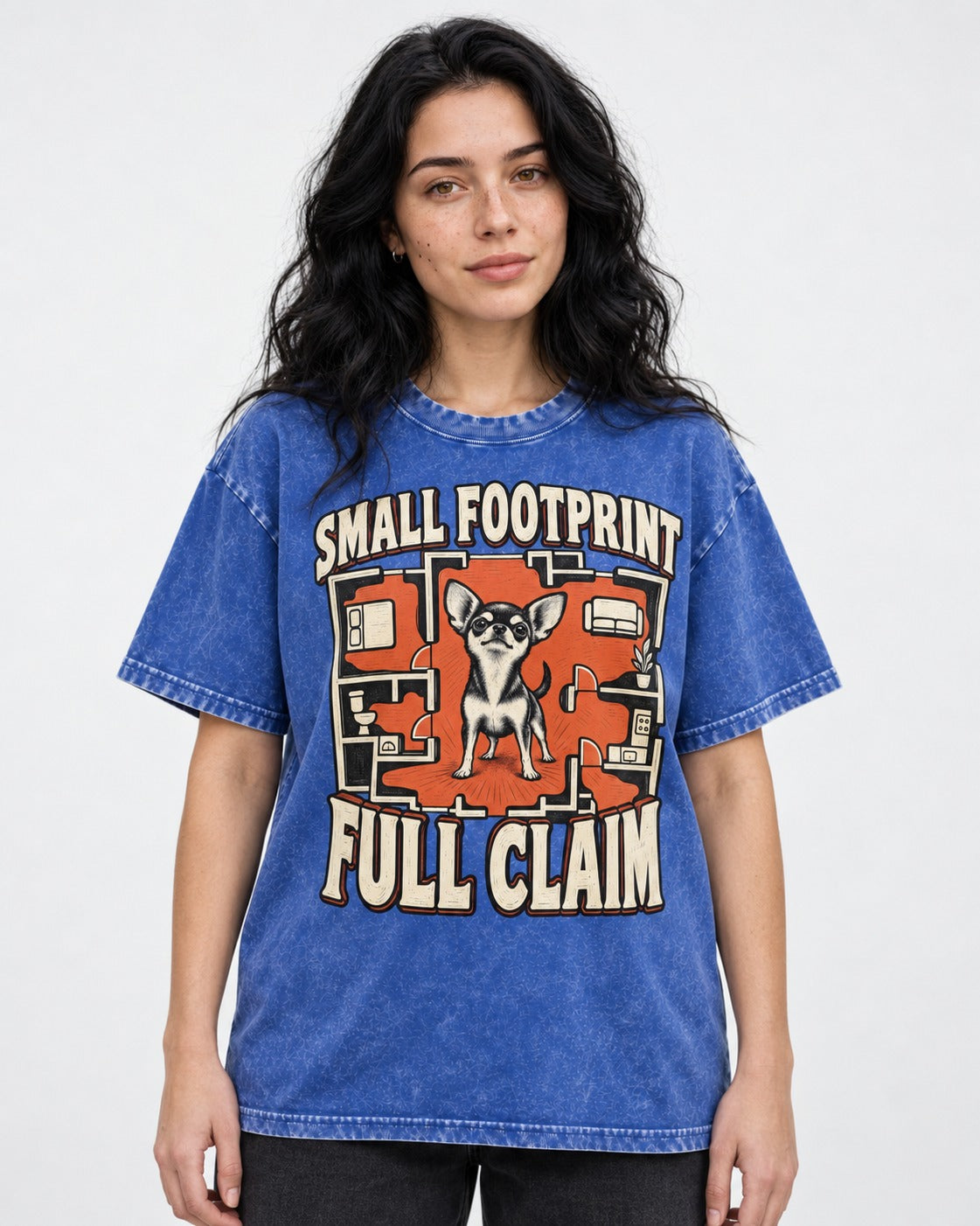 Chihuahua Small Footprint Full Claim Floor Plan Graphic Washed Tee in Royal Blue, worn by a model
