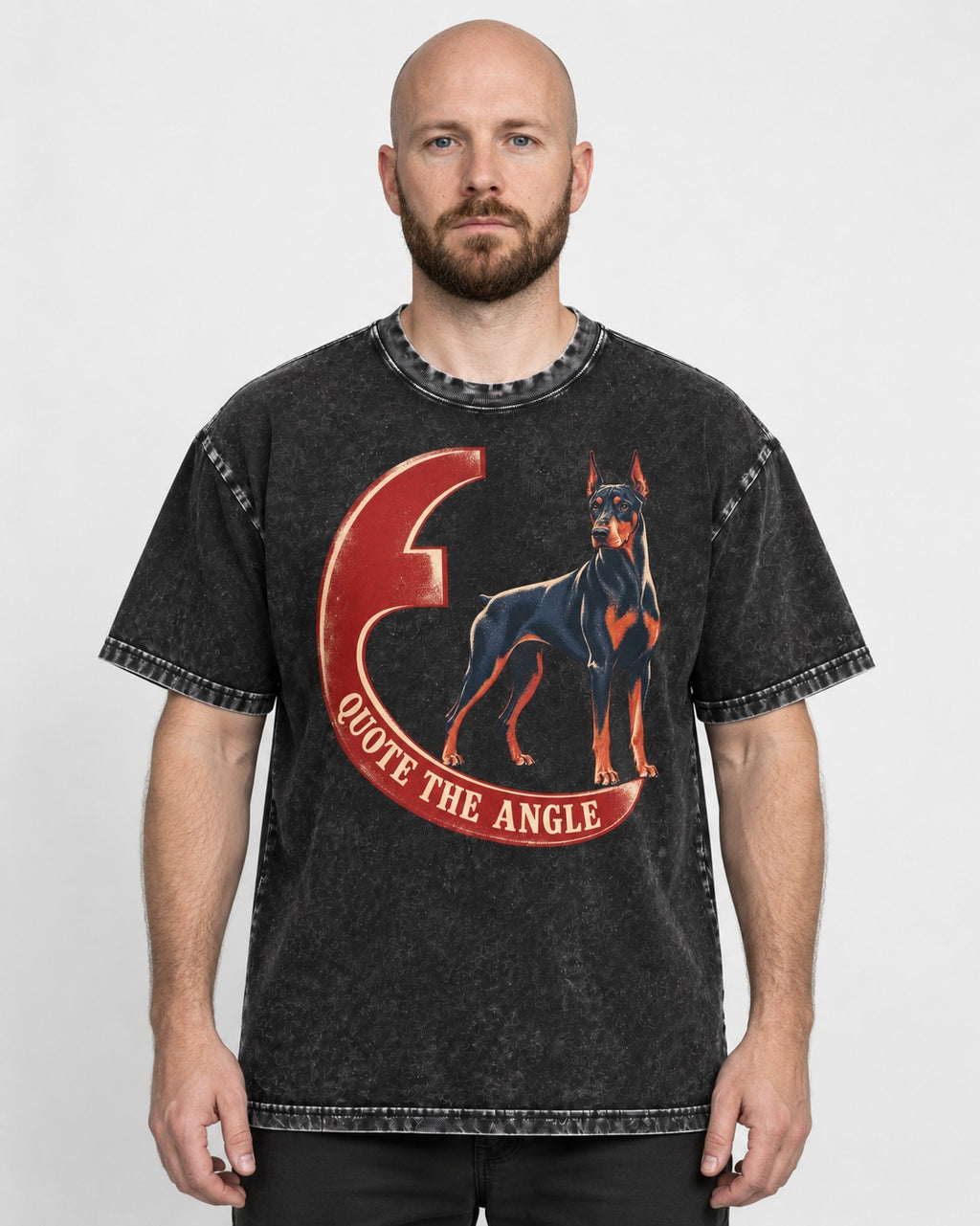 Doberman Quote the Angle Crescent Graphic Washed Tee in Black, worn by a model