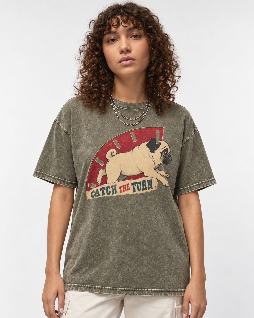 Pug Catch the Turn Track Graphic Washed Tee in Army Green, worn by a model