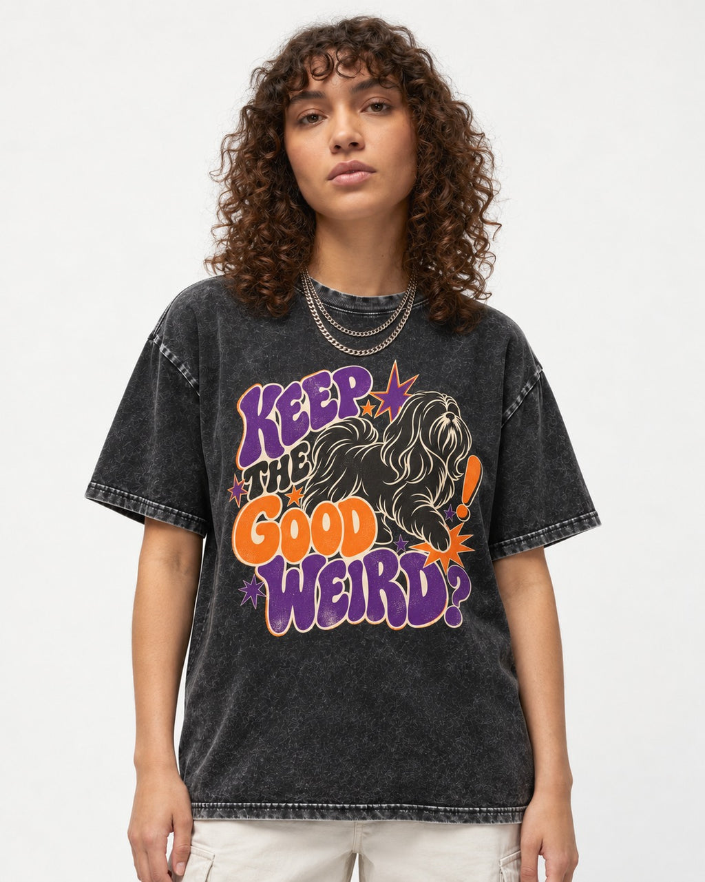 Shih Tzu Keep the Good Weird Retro Typography Graphic Washed Tee in Black, worn by a model