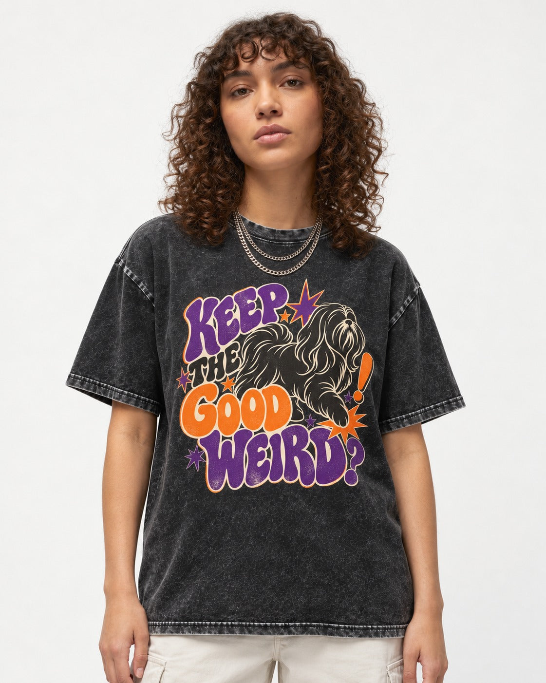 Shih Tzu Keep the Good Weird Retro Typography Graphic Washed Tee in Black, worn by a model