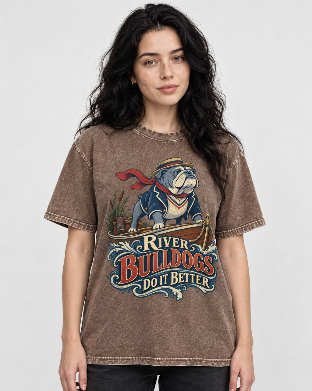 River English Bulldog Does It Better Washed Tee in Coffee, worn by a model