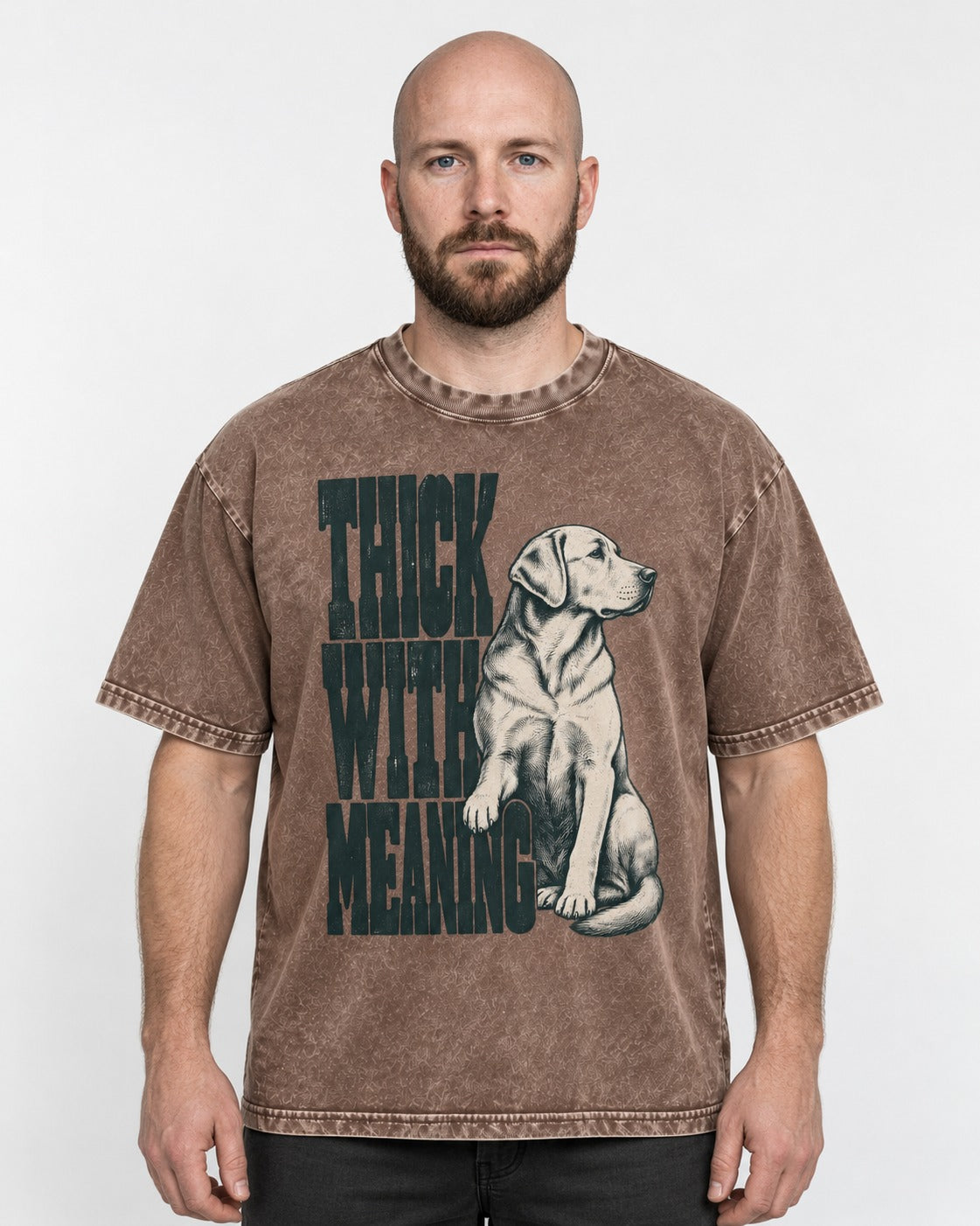 Thick with Meaning Labrador Retriever Washed Tee in Coffee, worn by a model