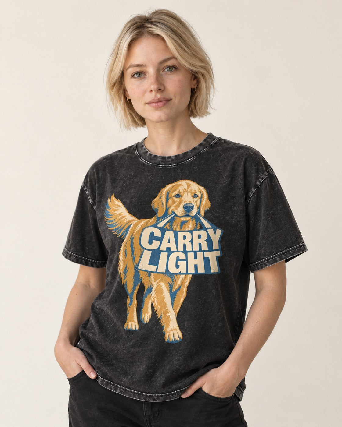 Golden Retriever Carry Light Sign Graphic Washed Tee in Black, worn by a model