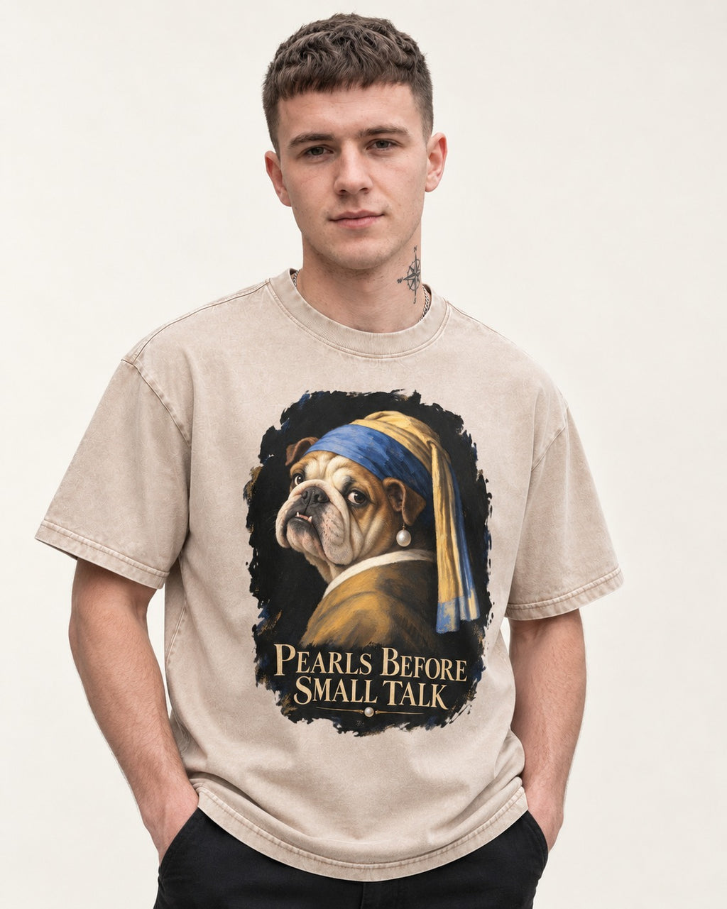 English Bulldog Pearls Before Small Talk Portrait Washed Tee in Apricot, worn by a model