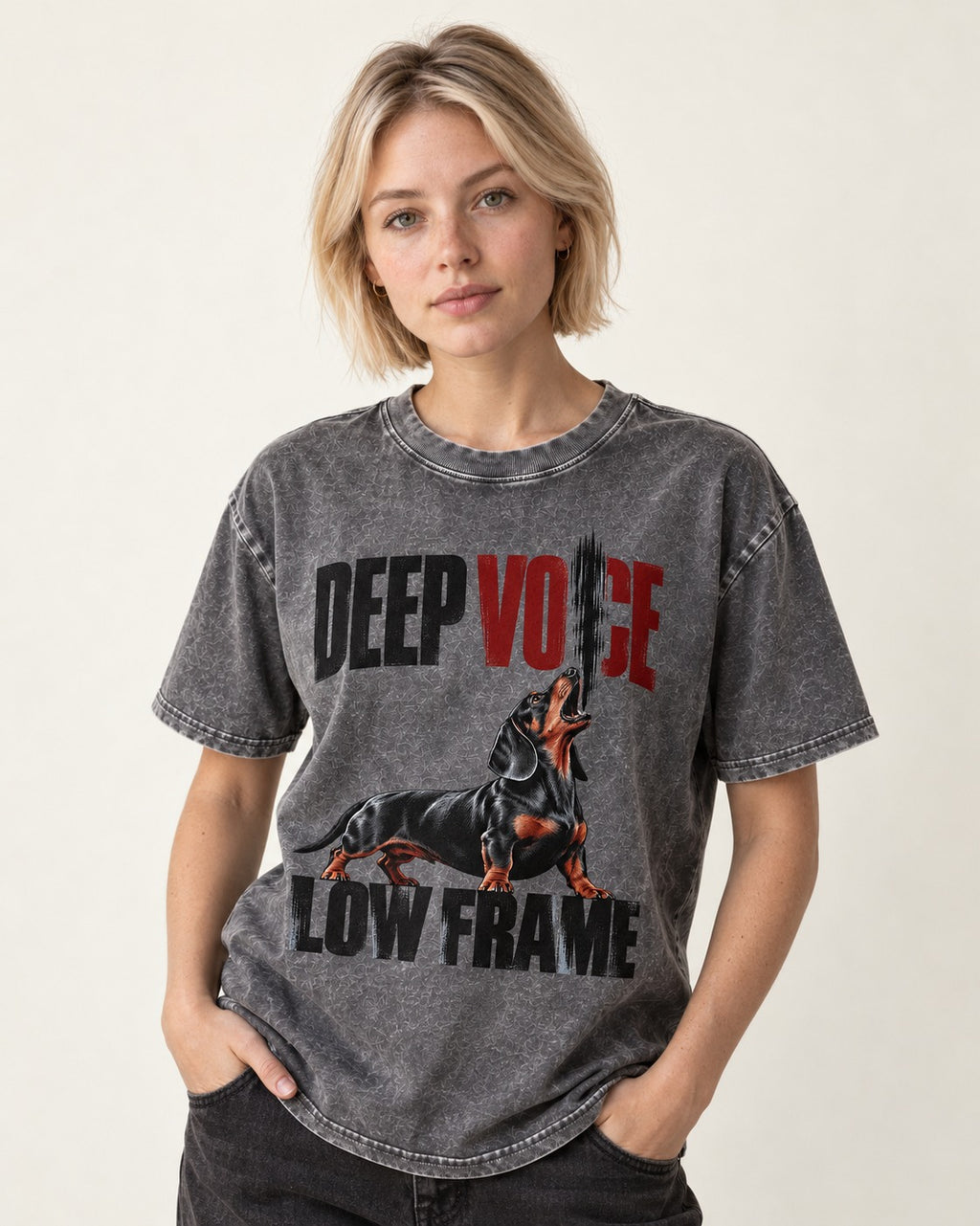 Deep Voice Low Frame Dachshund Washed Tee in Gray, worn by a model