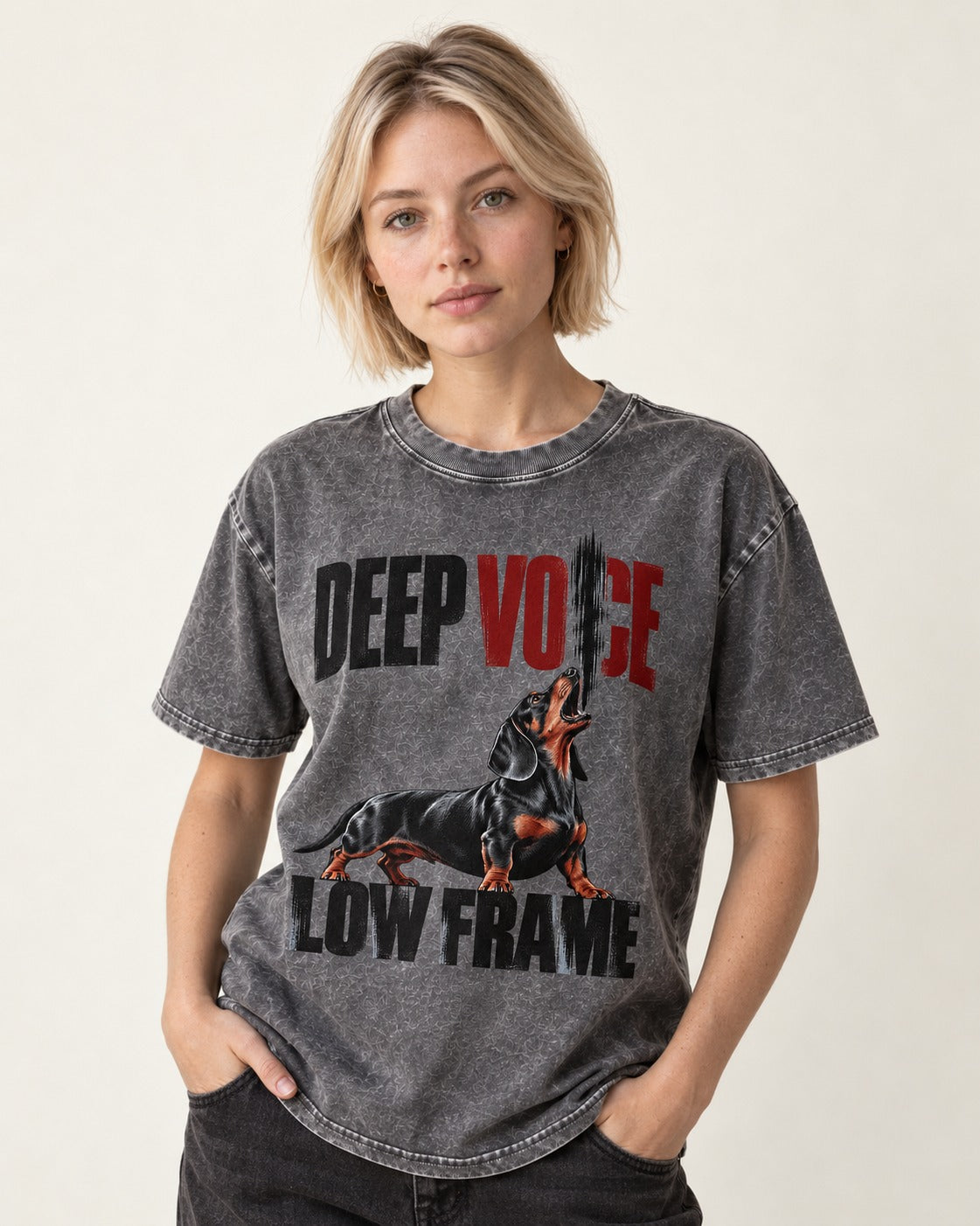 Deep Voice Low Frame Dachshund Washed Tee in Gray, worn by a model