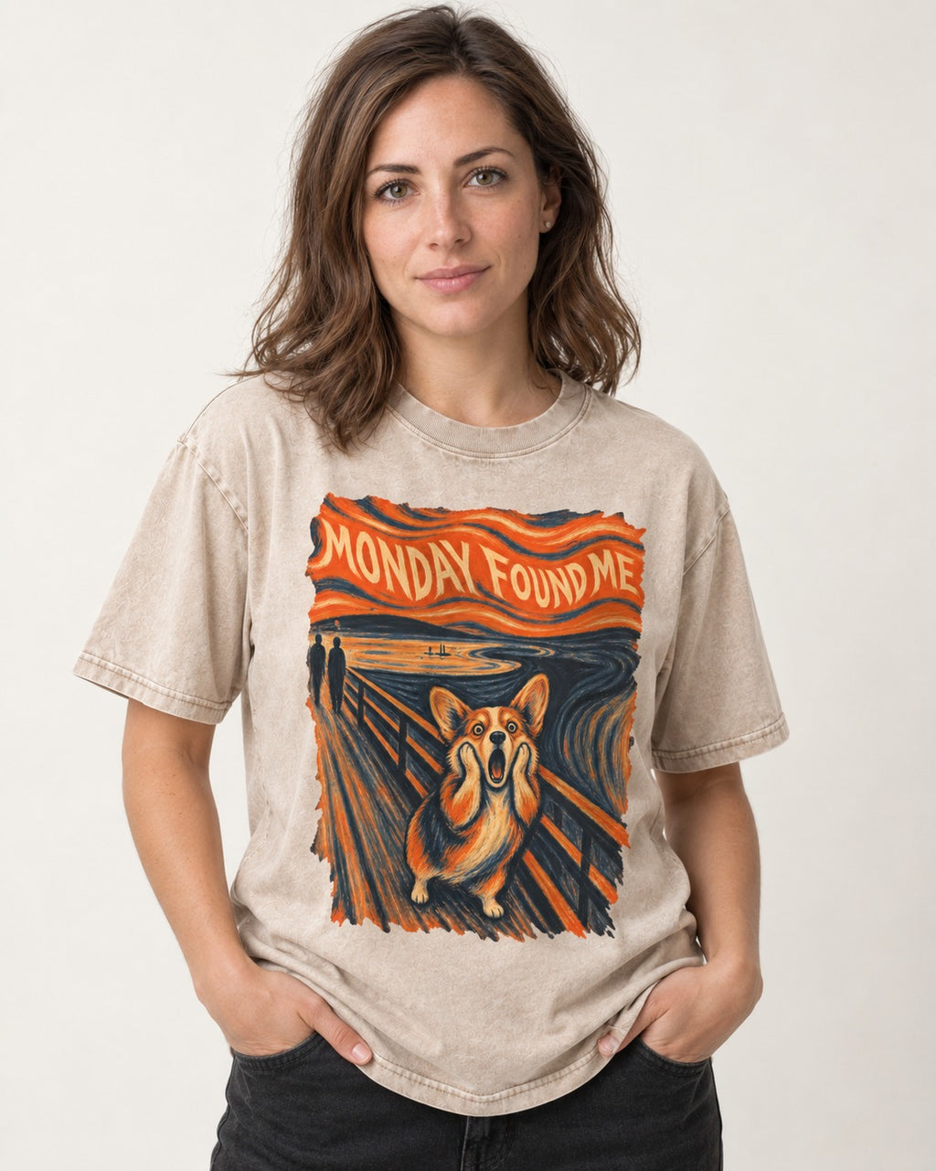 Corgi Monday Found Me Scream Banner Washed Tee in Apricot, worn by a model