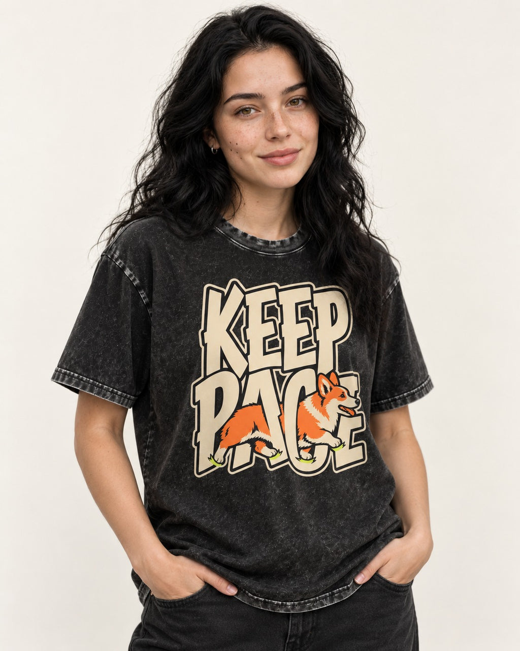 Corgi Keep Pace Running Typographic Graphic Washed Tee in Black, worn by a model