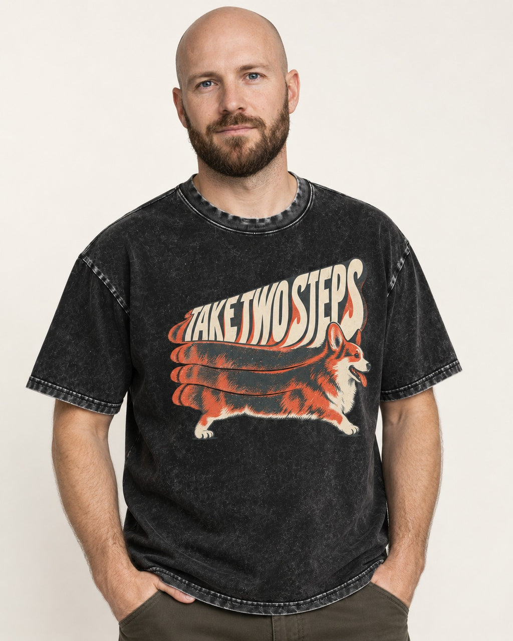 Corgi Take Two Steps Motion Trail Graphic Washed Tee in Black, worn by a model