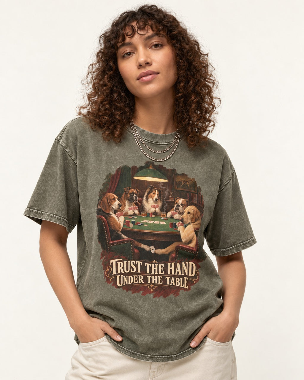 Labrador Retriever Trust the Hand Under the Table Poker Dogs Graphic Washed Tee in Army Green, worn by a model
