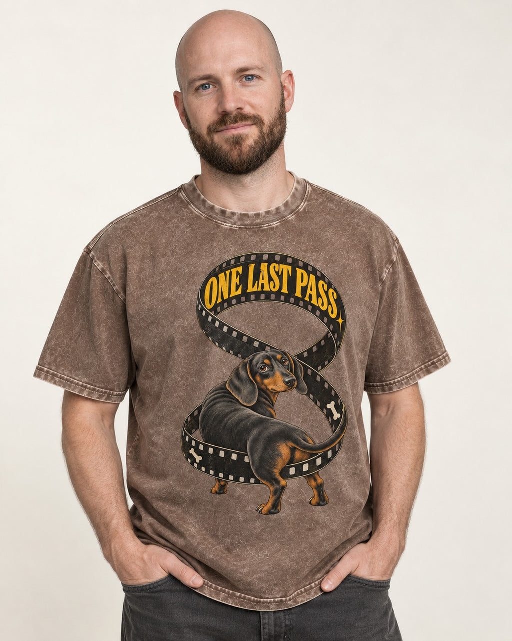 Dachshund's One Last Pass Washed Tee in Coffee, worn by a model