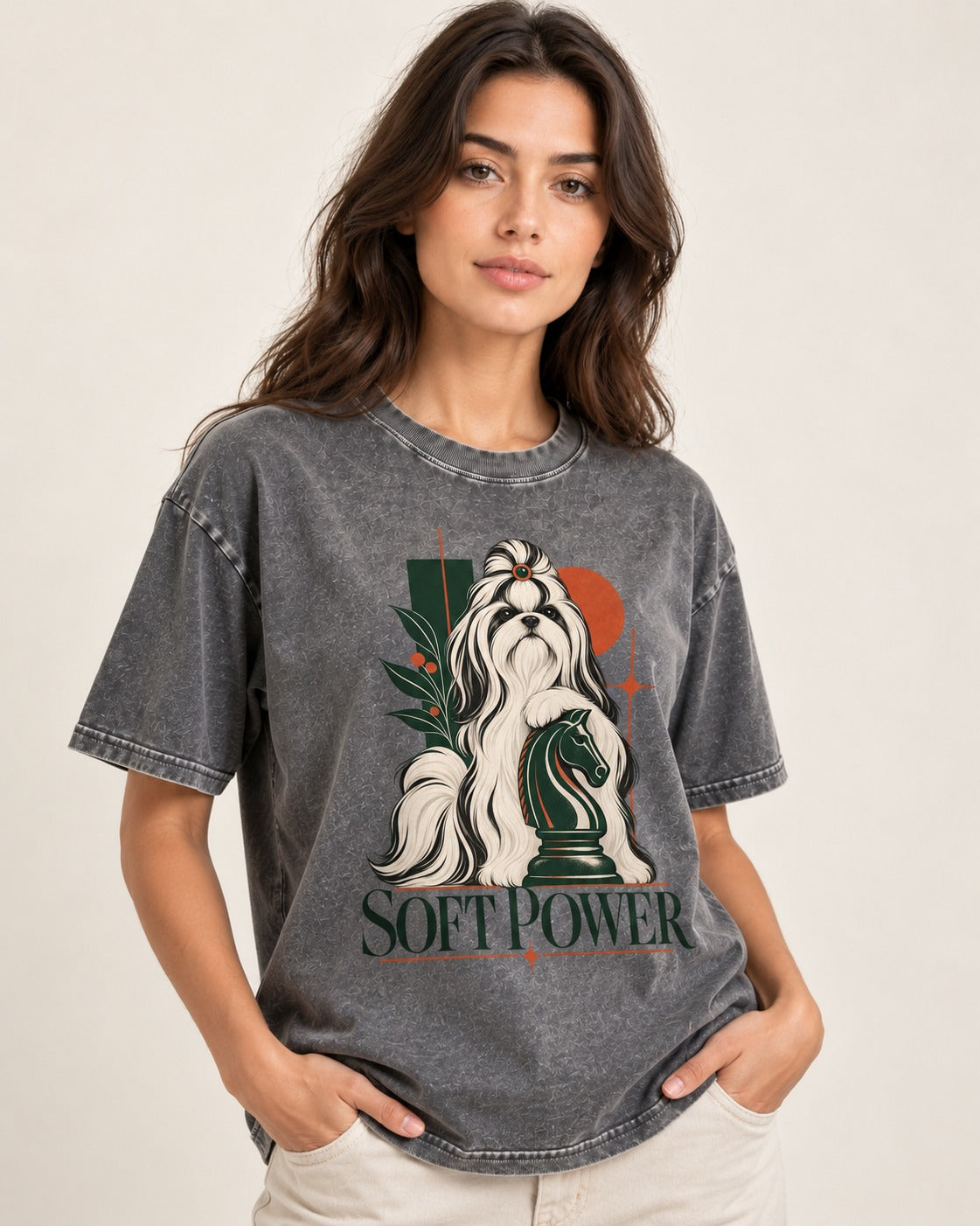 Soft Power Shih Tzu Washed Tee in Gray, worn by a model