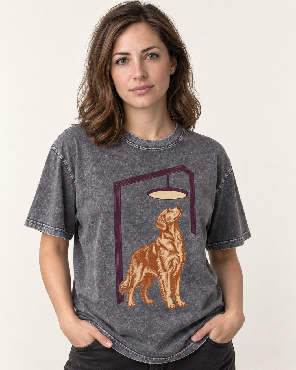 Golden Retriever Bright Idea Washed Tee in Gray, worn by a model