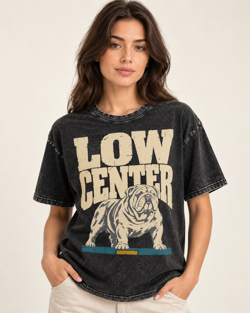 English Bulldog Low Center Stance Graphic Washed Tee in Black, worn by a model
