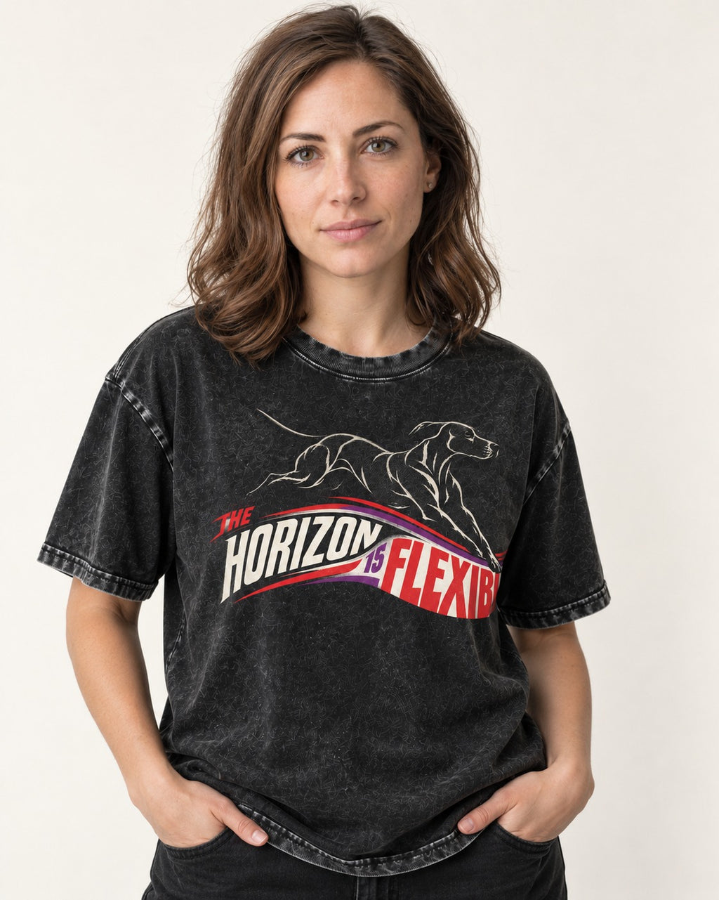 German Shorthaired Pointer The Horizon Is Flexible Racing Ribbon Graphic Washed Tee in Black, worn by a model