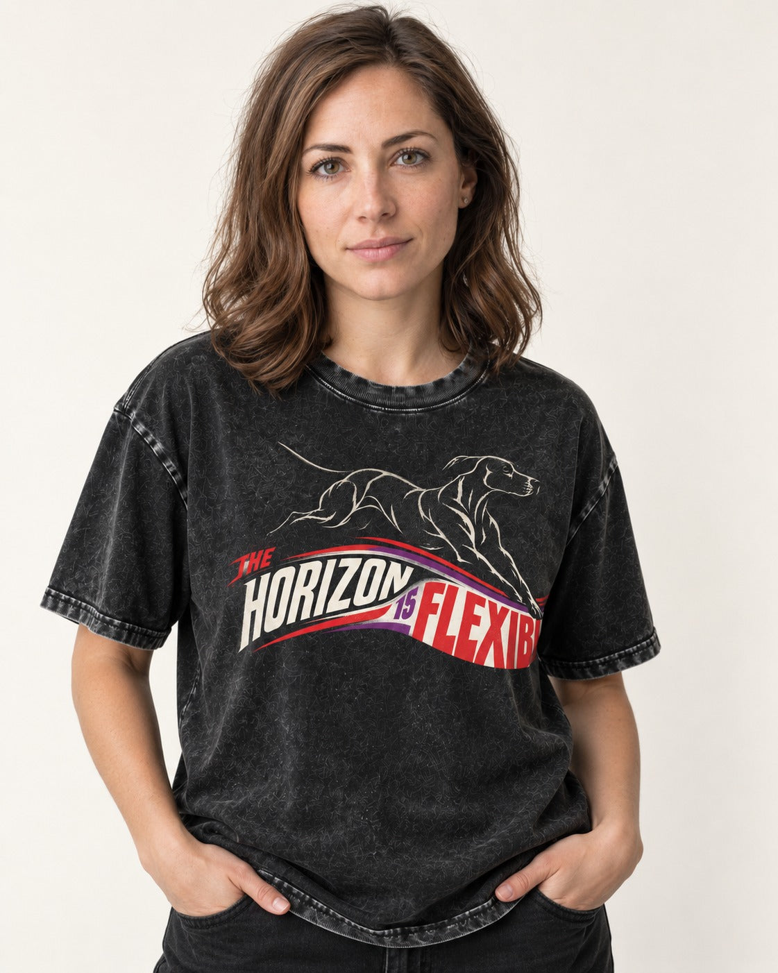 German Shorthaired Pointer The Horizon Is Flexible Racing Ribbon Graphic Washed Tee in Black, worn by a model
