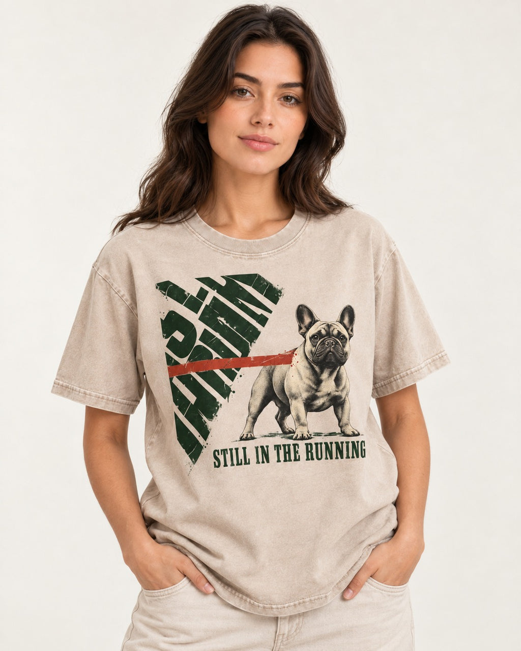 Frenchie Still in the Running Washed Tee in Apricot, worn by a model