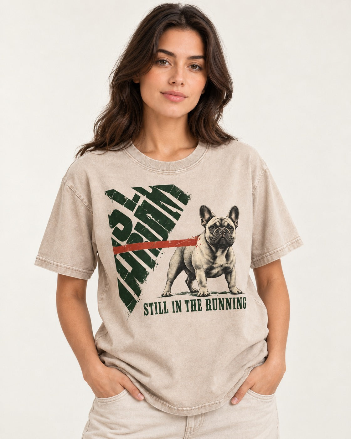 Frenchie Still in the Running Washed Tee in Apricot, worn by a model