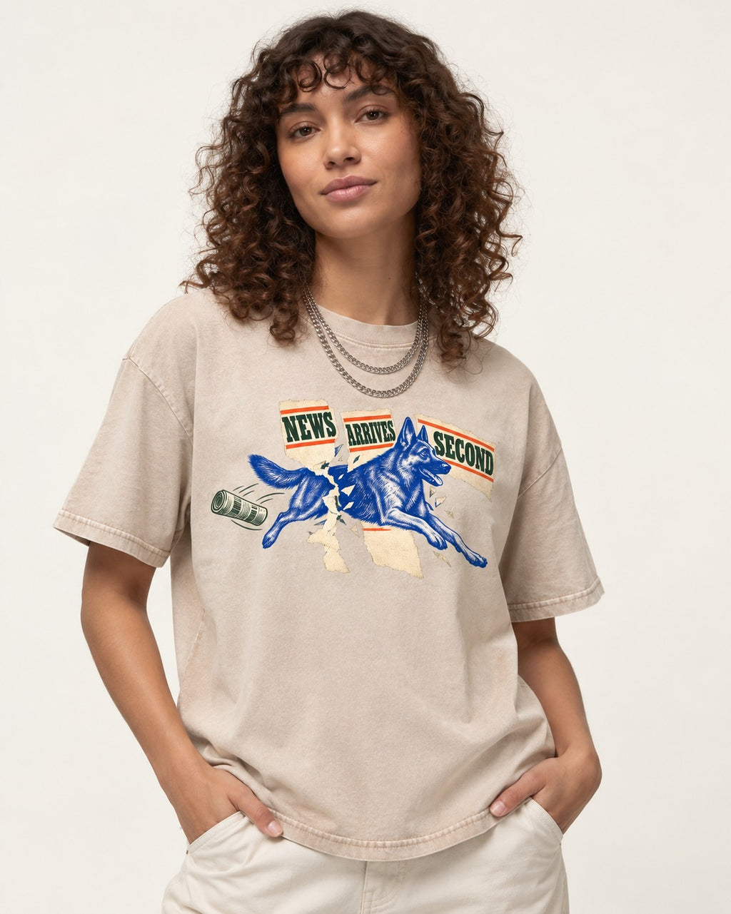 News Arrives Second German Shepherd Dog Washed Tee in Apricot, worn by a model
