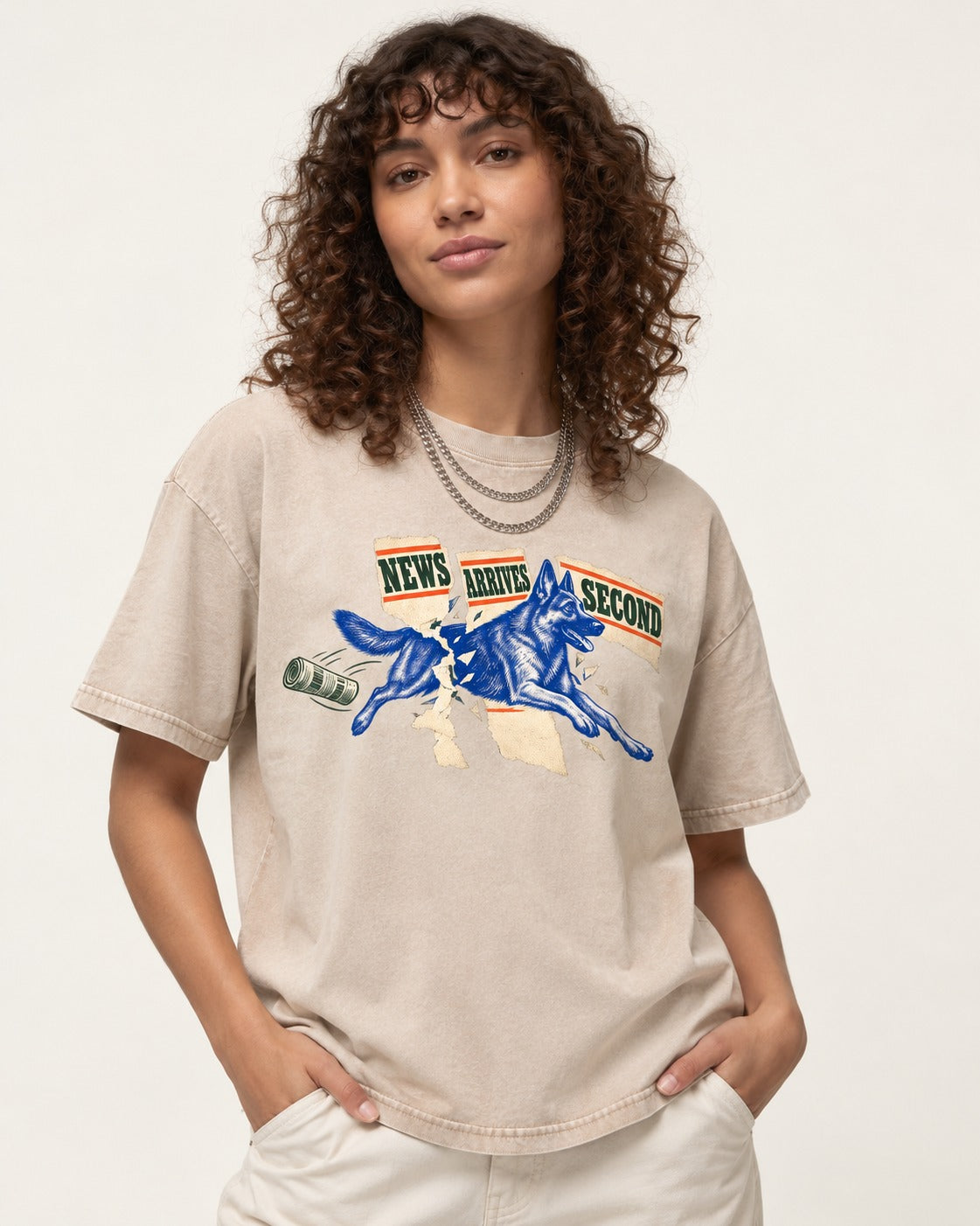 News Arrives Second German Shepherd Dog Washed Tee in Apricot, worn by a model