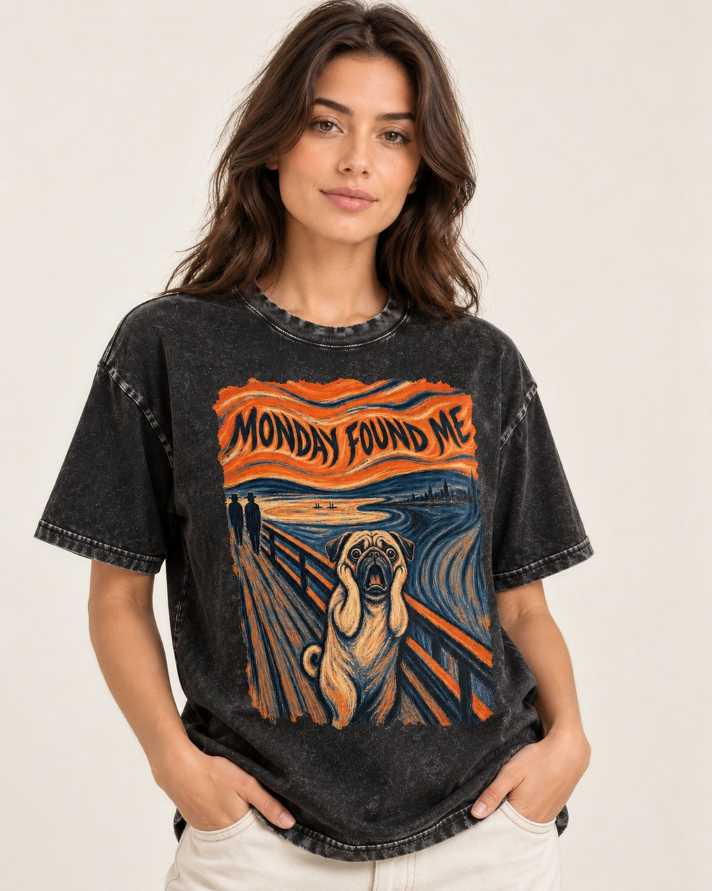 Pug Monday Found Me Scream Parody Graphic Washed Tee in Black, worn by a model