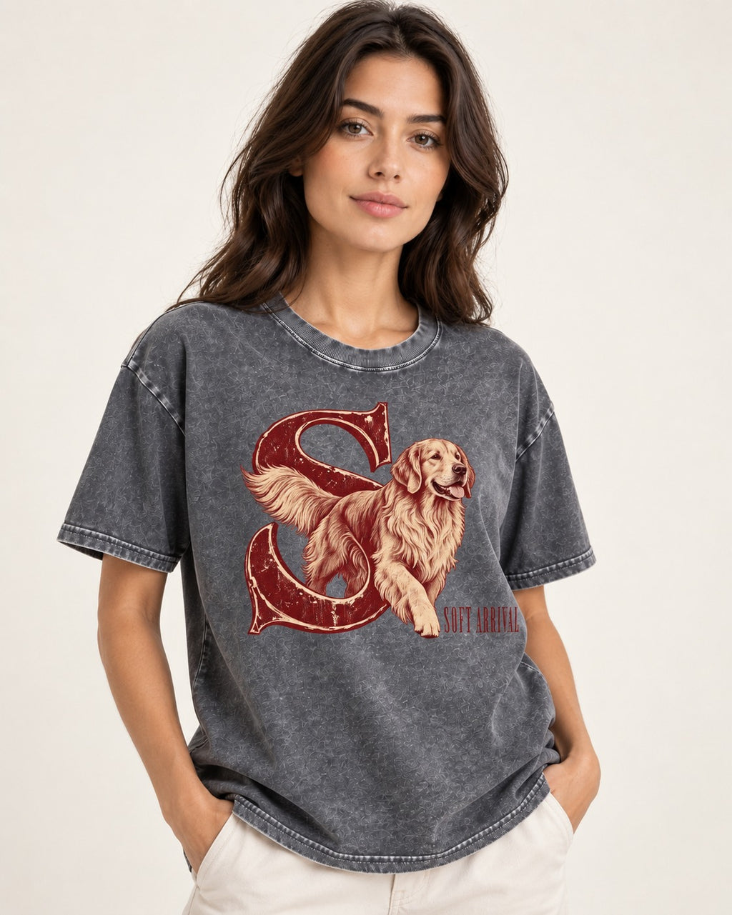 Soft Arrival Golden Retriever Washed Tee in Gray, worn by a model
