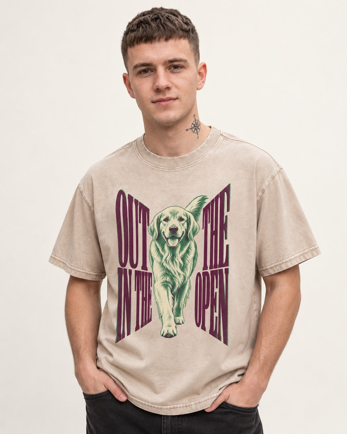 Golden Retriever Out in the Open Washed Tee in Apricot, worn by a model