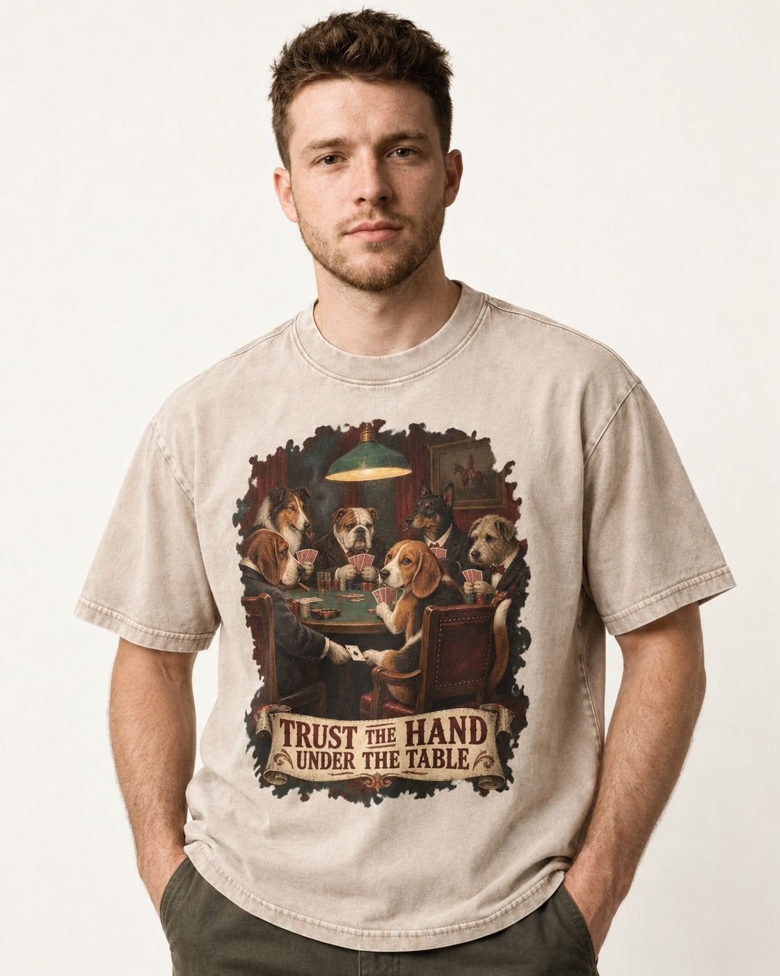 Trust The Hand Under The Table Beagle Poker Night Washed Tee in Apricot, worn by a model