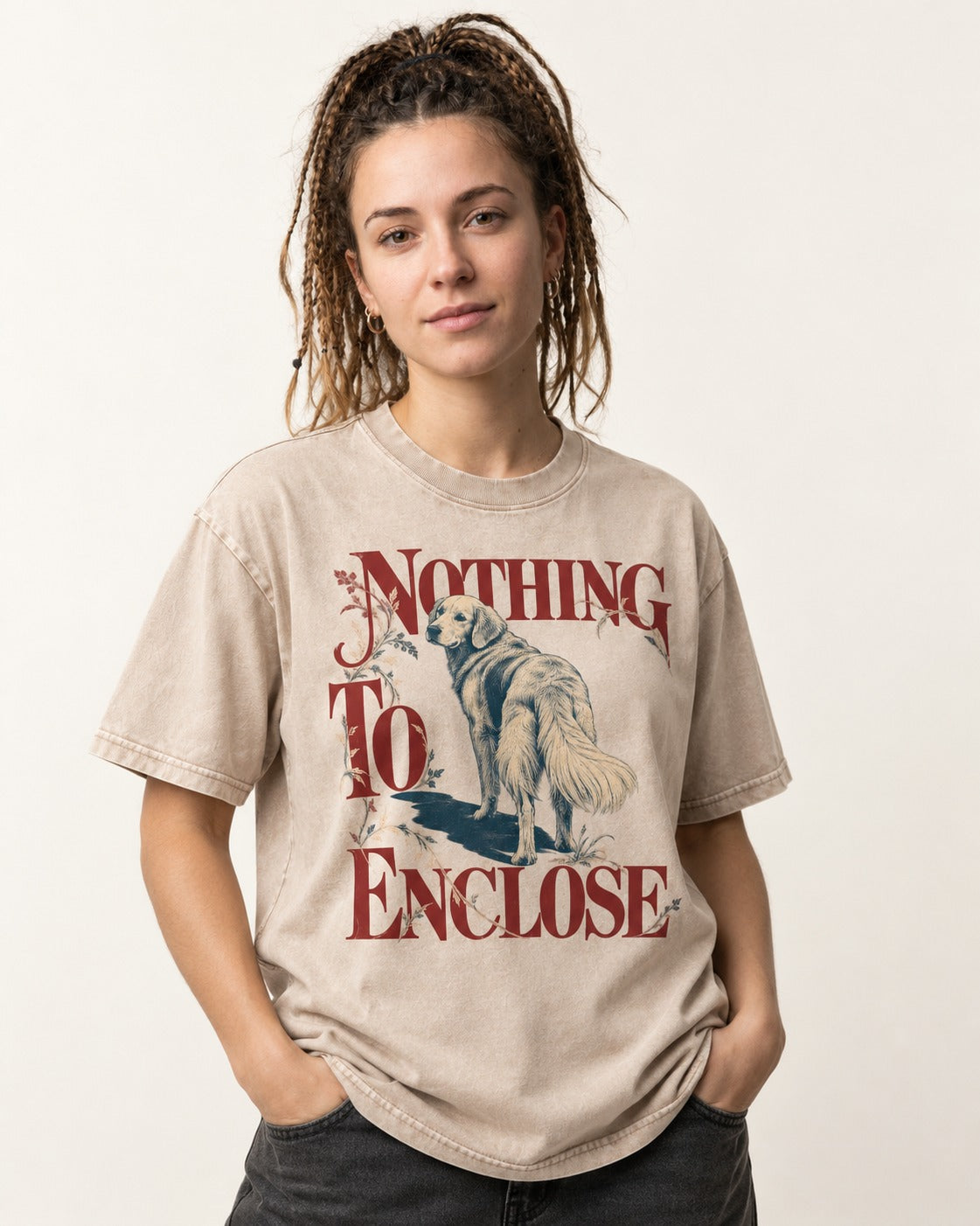 Golden Retriever Nothing to Enclose Washed Tee in Apricot, worn by a model
