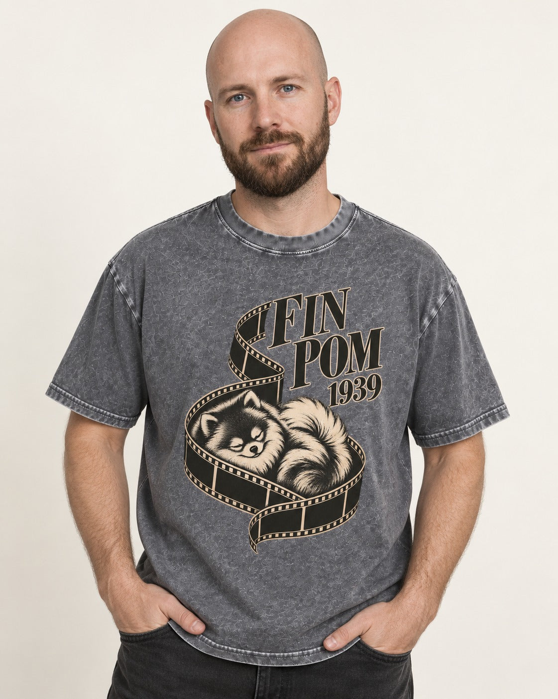 Fin Pomeranian Washed Tee in Gray, worn by a model
