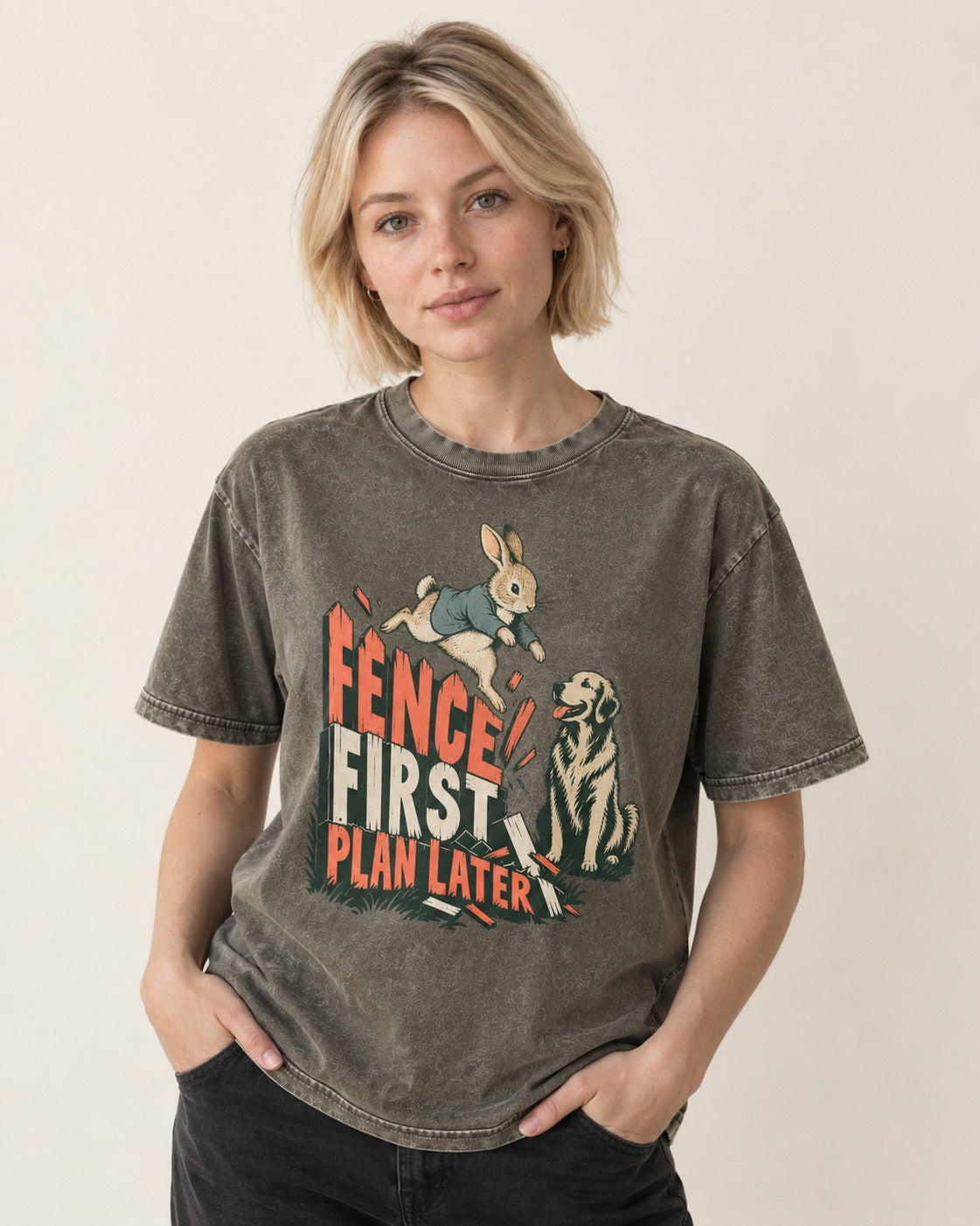 Golden Retriever Fence First Plan Later Rabbit Jump Graphic Washed Tee in Army Green, worn by a model