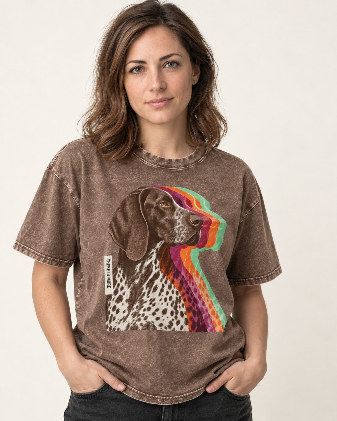 There Is More German Shorthaired Pointer Washed Tee in Coffee, worn by a model