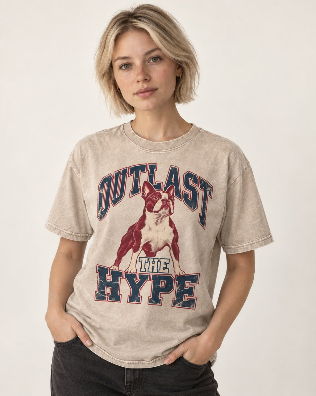 Boston Terrier Outlast The Hype Collegiate Graphic Washed Tee in Apricot, worn by a model