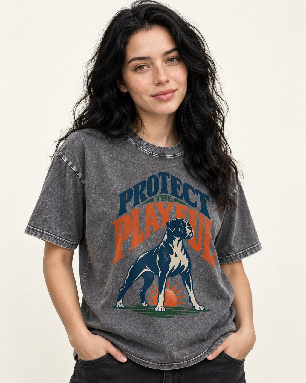 Protect the Playful Boxer Washed Tee in Gray, worn by a model