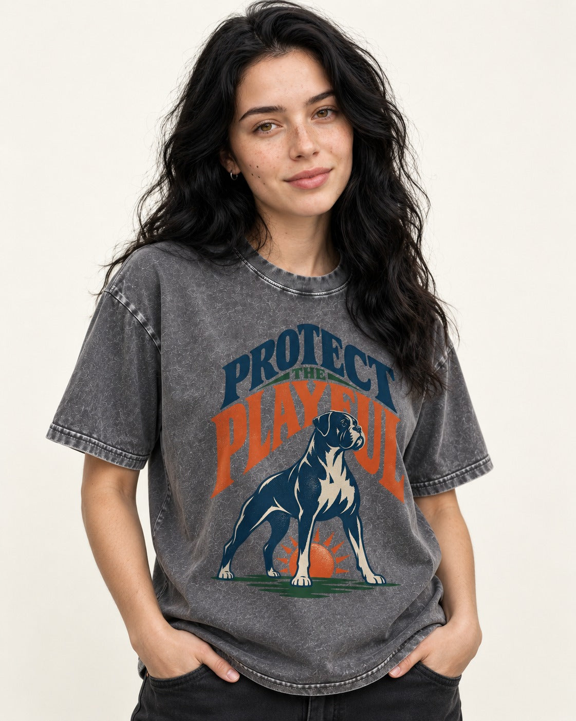 Protect the Playful Boxer Washed Tee in Gray, worn by a model
