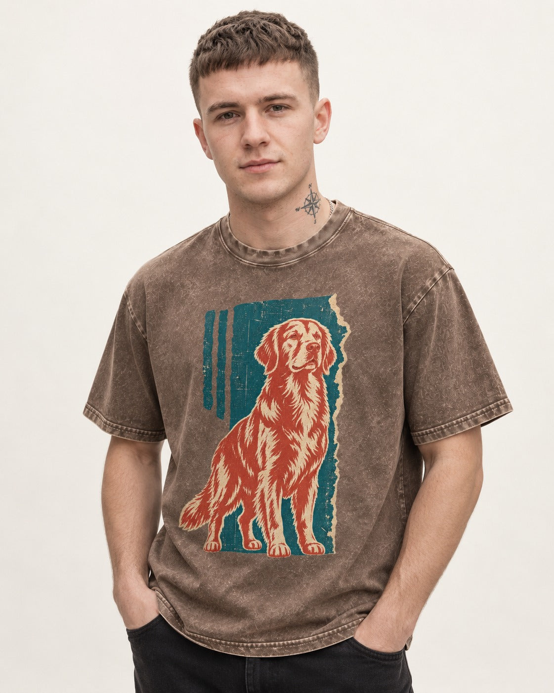 Golden Retriever Steadfast Heart Washed Tee in Coffee, worn by a model