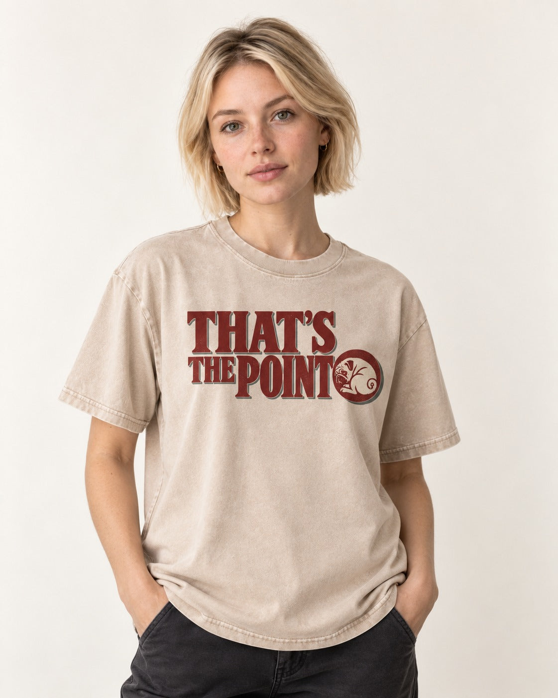 Pug's the Point Washed Tee in Apricot, worn by a model
