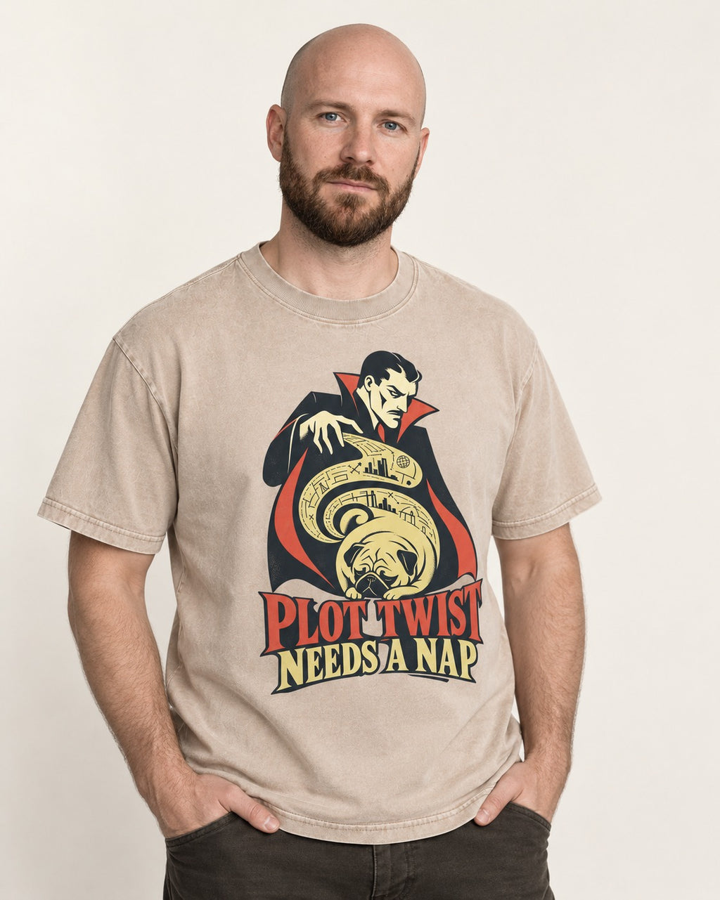 Pug Needs a Nap Washed Tee in Apricot, worn by a model