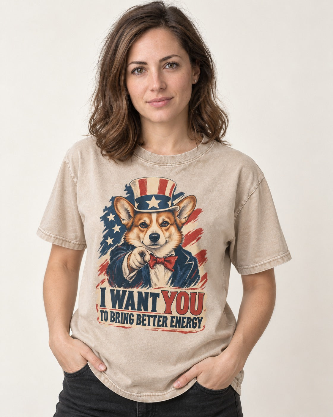 Corgi I Want You to Bring Better Energy Uncle Sam Washed Tee in Apricot, worn by a model