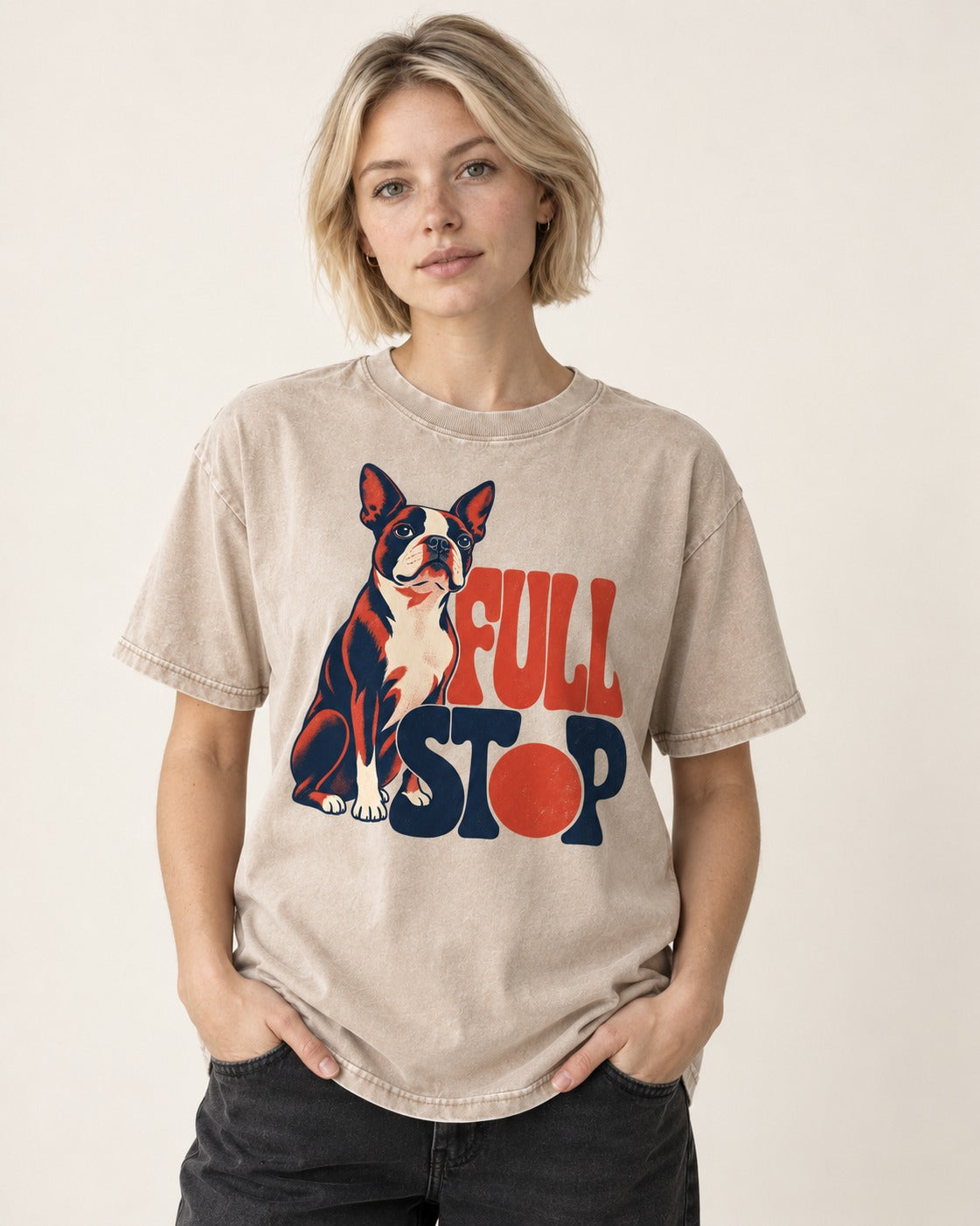 Full Stop for Boston Terrier Washed Tee in Apricot, worn by a model