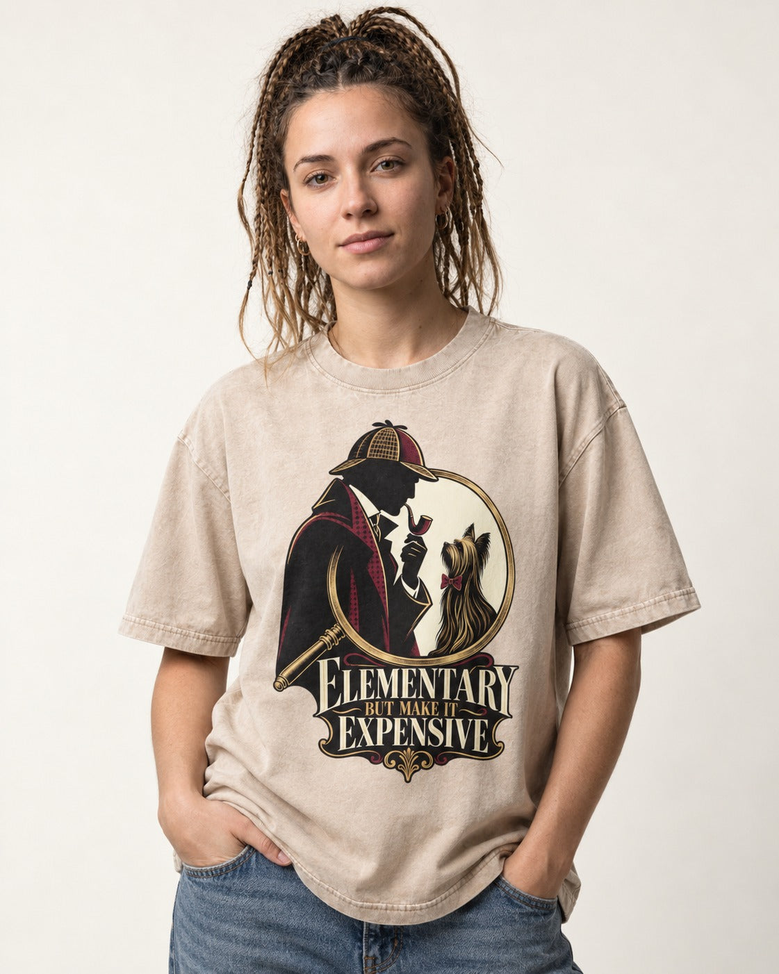 Elementary but Expensive Yorkshire Terrier Washed Tee in Apricot, worn by a model