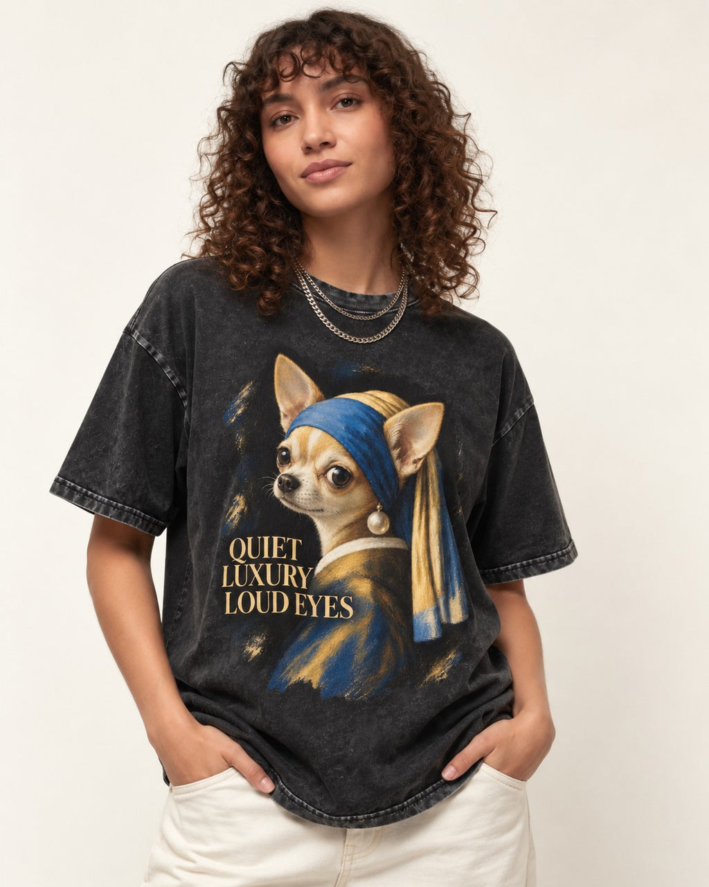 Chihuahua Quiet Luxury Loud Eyes Pearl Earring Portrait Washed Tee in Black, worn by a model