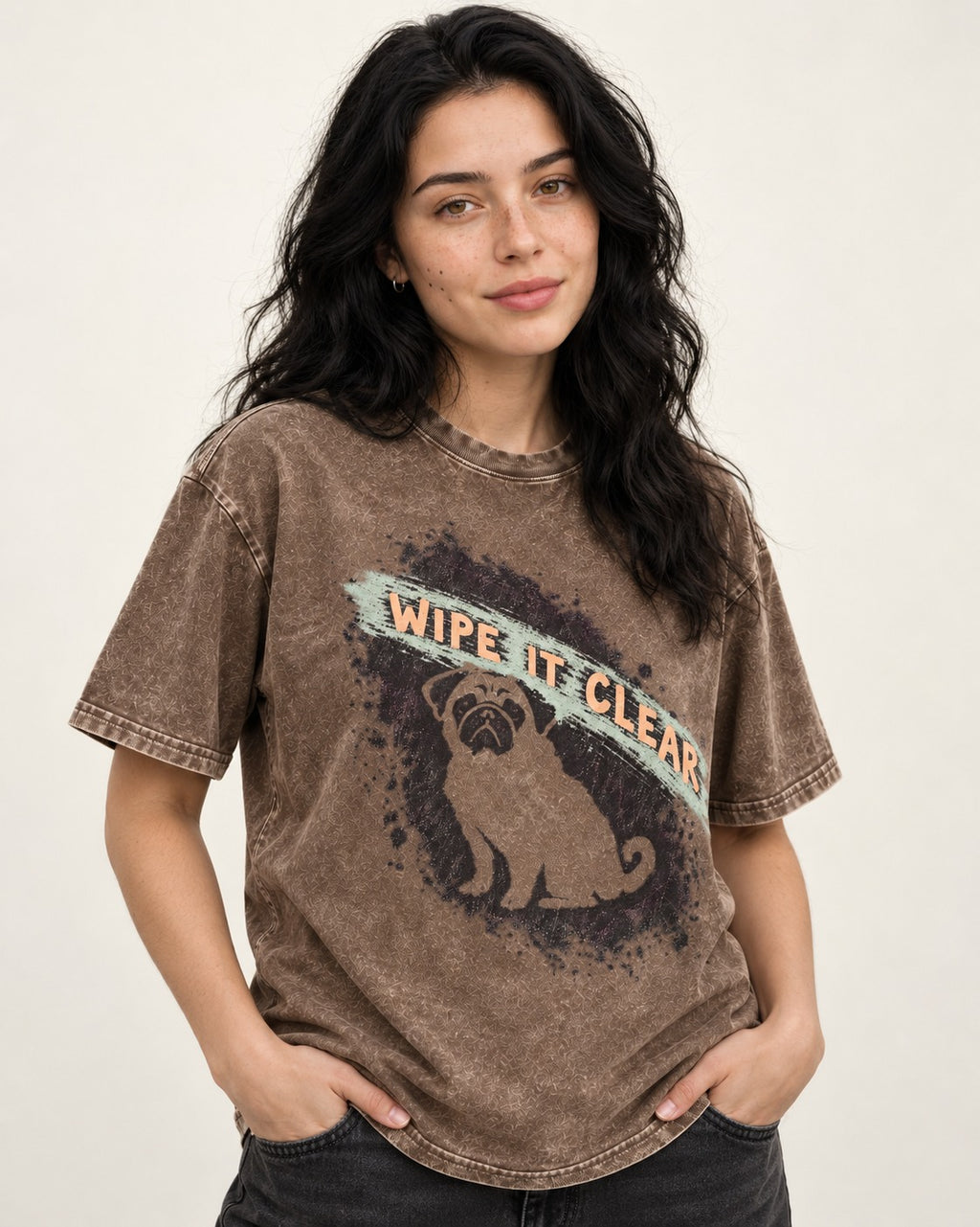Pug Wipe It Clear Washed Tee in Coffee, worn by a model