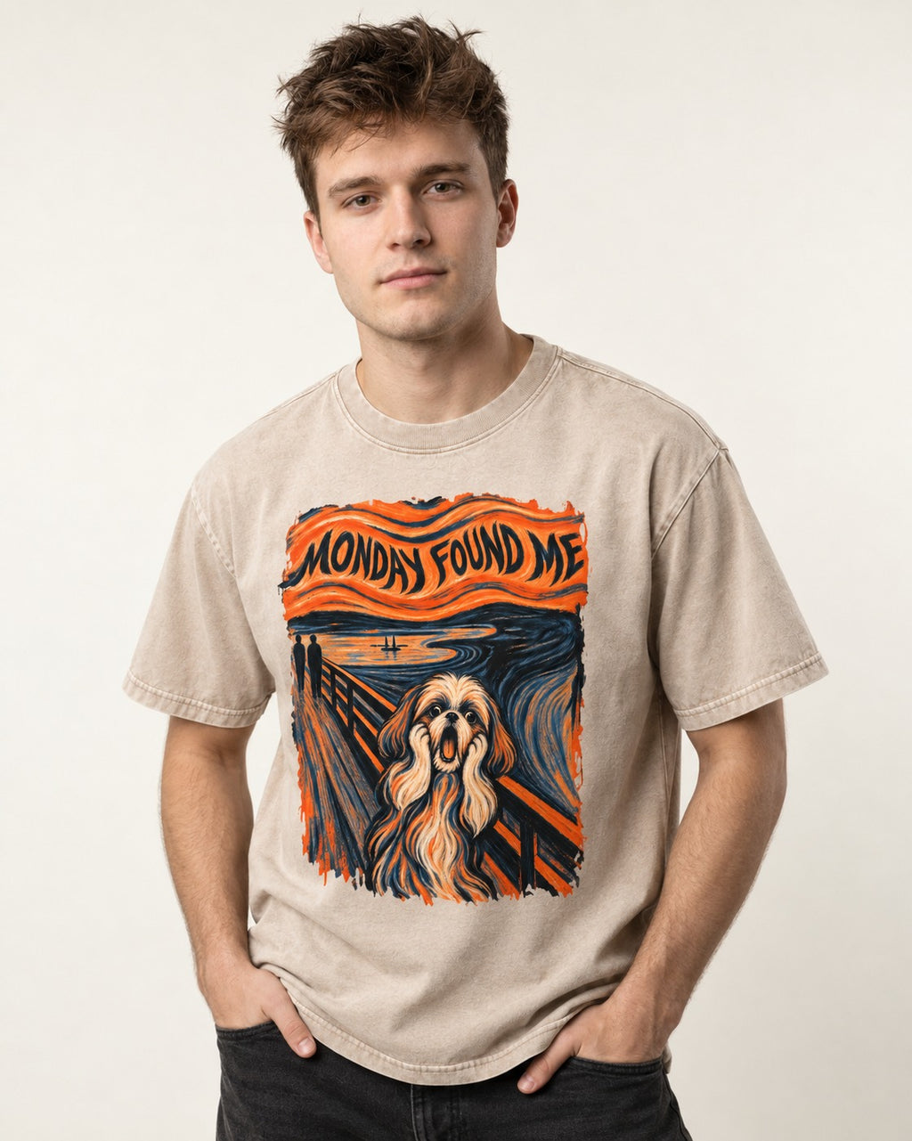 Shih Tzu Monday Found Me Scream Parody Graphic Washed Tee in Apricot, worn by a model
