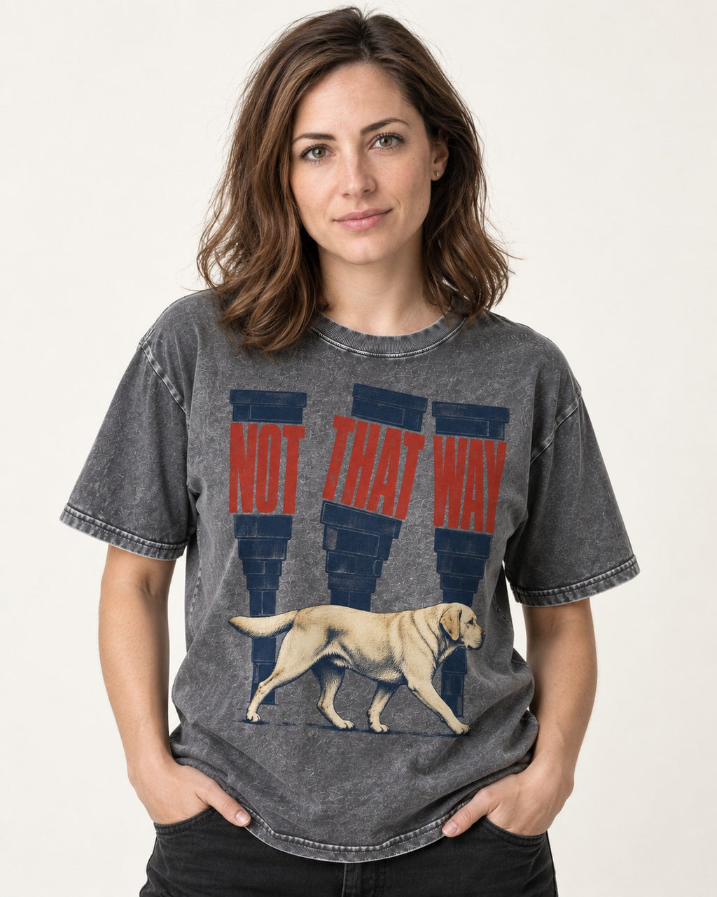 Not That Way Labrador Retriever Washed Tee in Gray, worn by a model