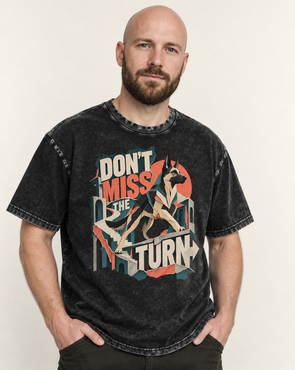 Dont Miss The Turn Escher Staircase German Shepherd Dog Graphic Washed Tee in Black, worn by a model