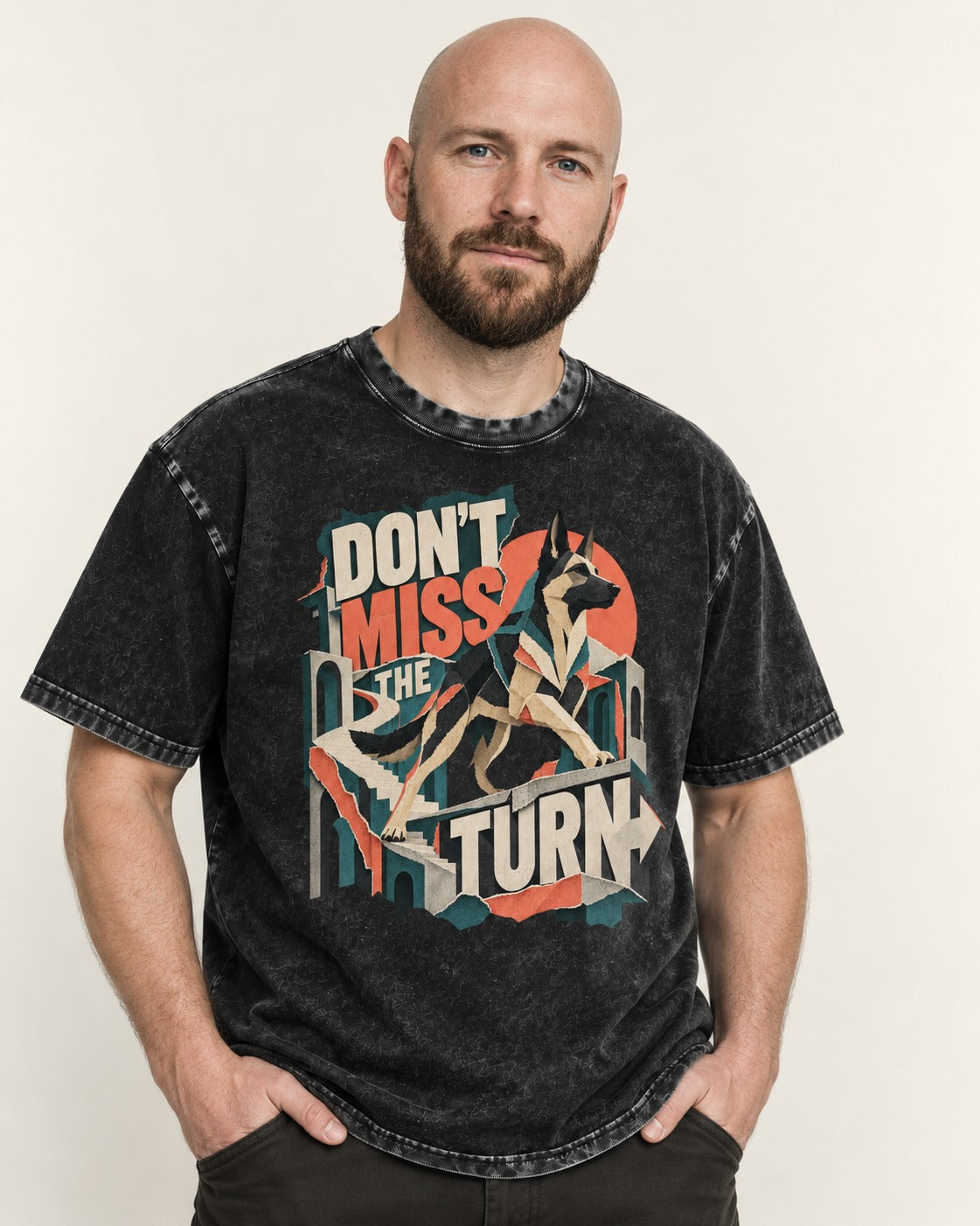 Dont Miss The Turn Escher Staircase German Shepherd Dog Graphic Washed Tee in Black, worn by a model