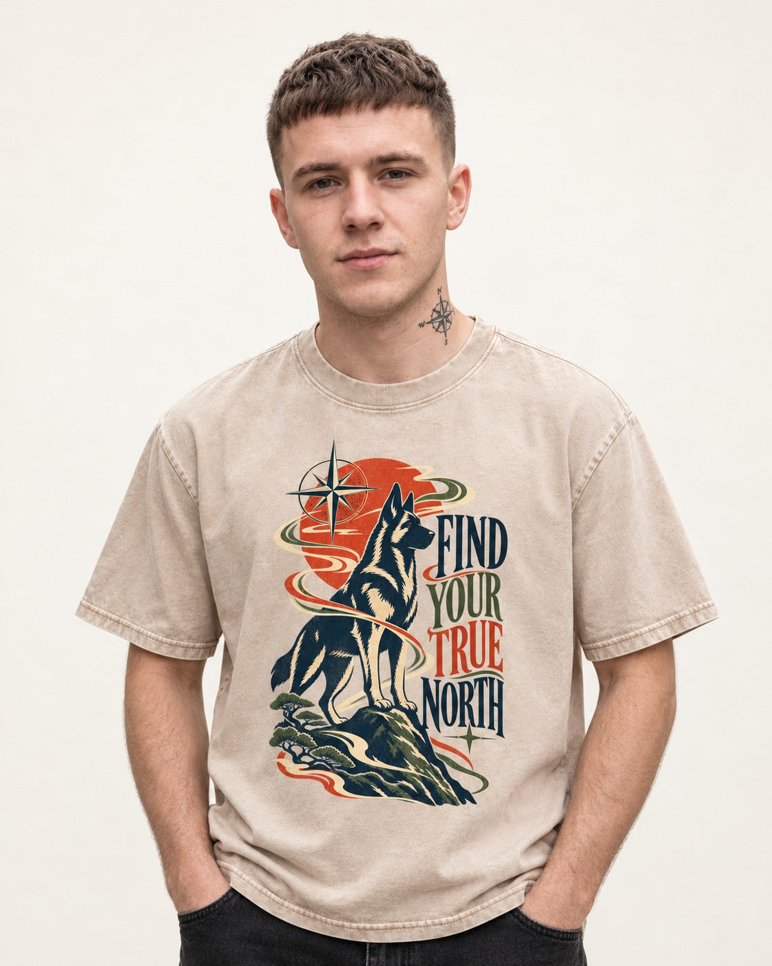Find Your True North German Shepherd Dog Washed Tee in Apricot, worn by a model