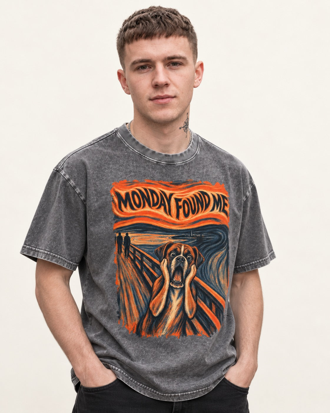 Monday Found Me Scream Boxer Washed Tee in Gray, worn by a model